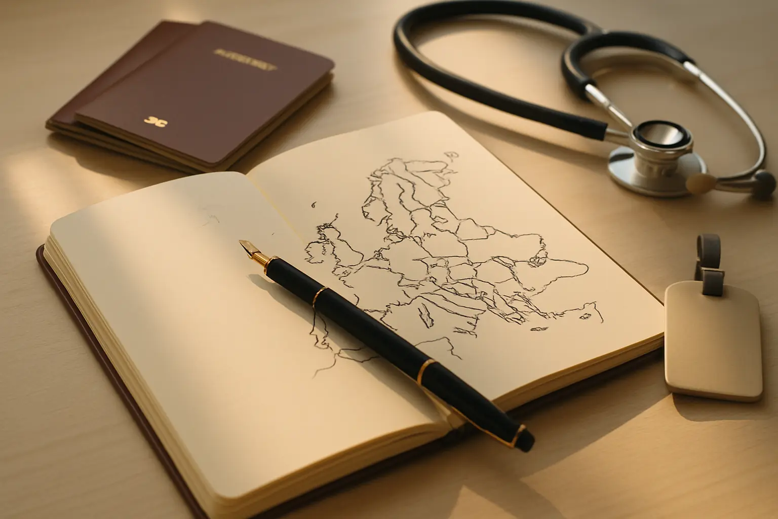 A travel-planning desk scene with notebook, passports and stethoscope